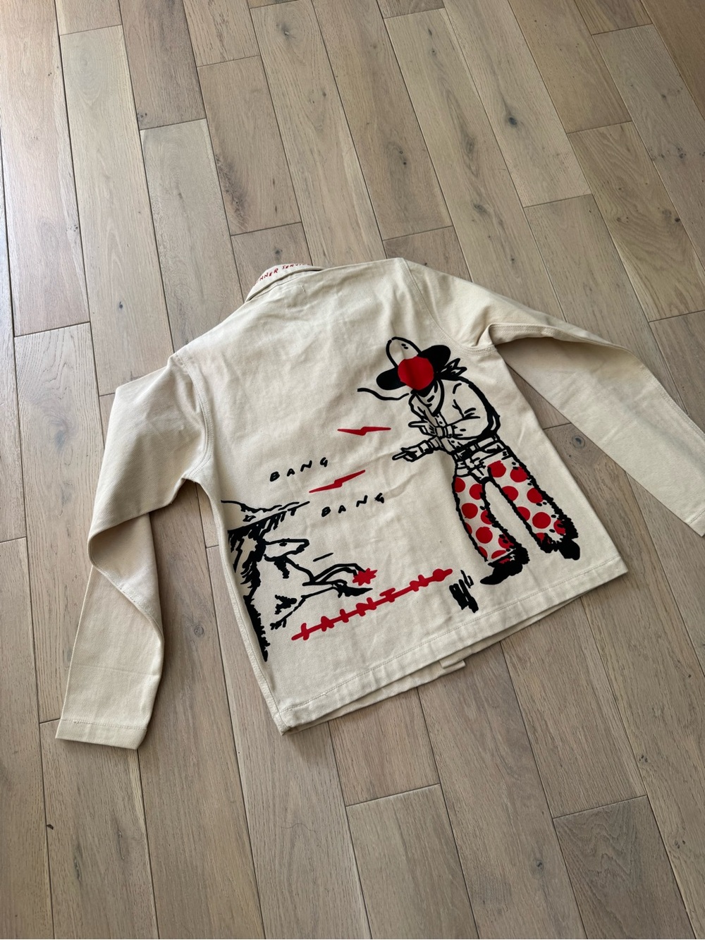 Cream Graphic Jean Jacket with Red Accent Print